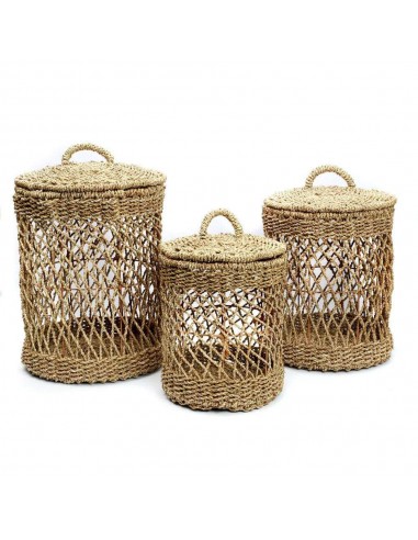 Paniers de rangement en jonc de mer, beige ou noir - Lot de 3 paniers à linge - 2 coloris solde